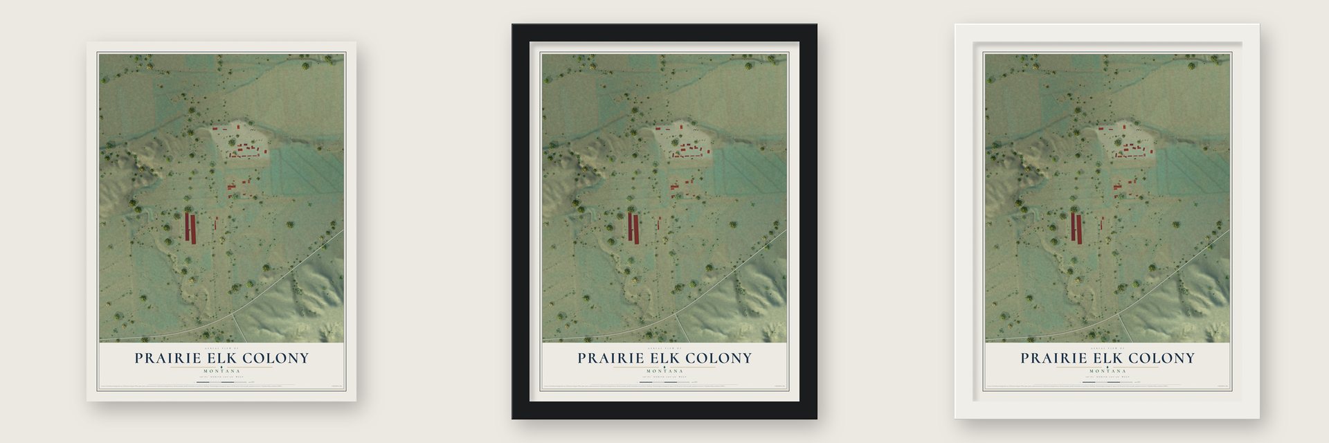 Prairie Elk Colony, Montana map unframed, in a black wood frame and in a white wood frame