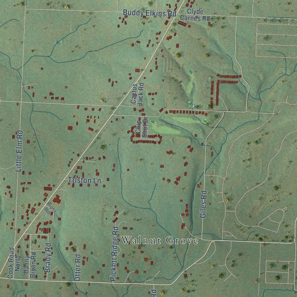 Second close-up of the map of Prairie Grove, Arkansas print showing more streets and buildings