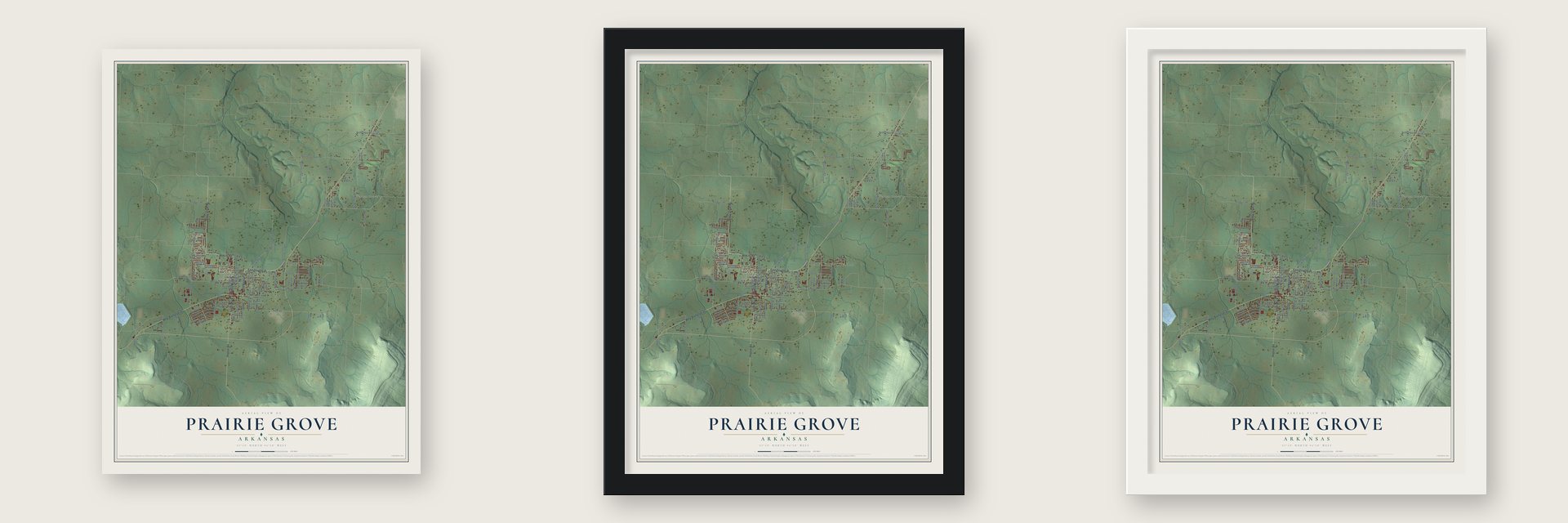 Prairie Grove, Arkansas map unframed, in a black wood frame and in a white wood frame