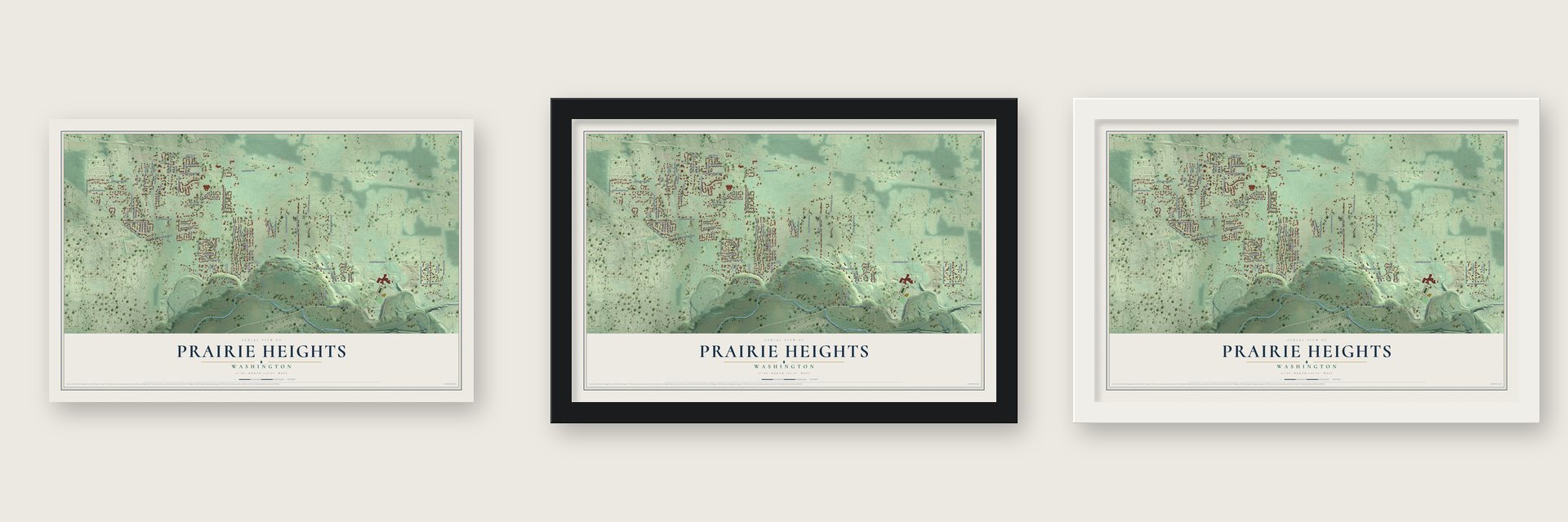 Prairie Heights, Washington map unframed, in a black wood frame and in a white wood frame
