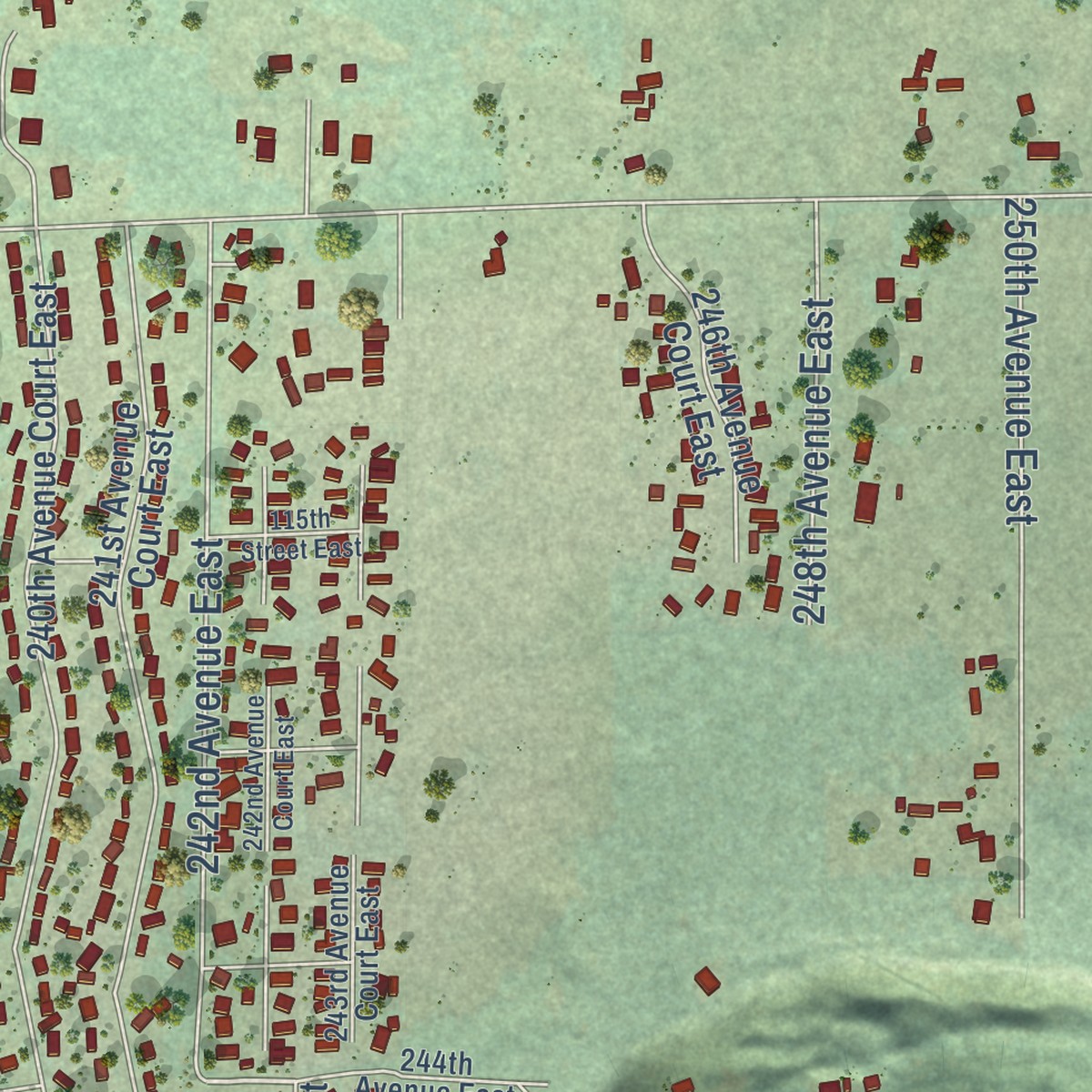 Second close-up of the map of Prairie Heights, Washington print showing more streets and buildings