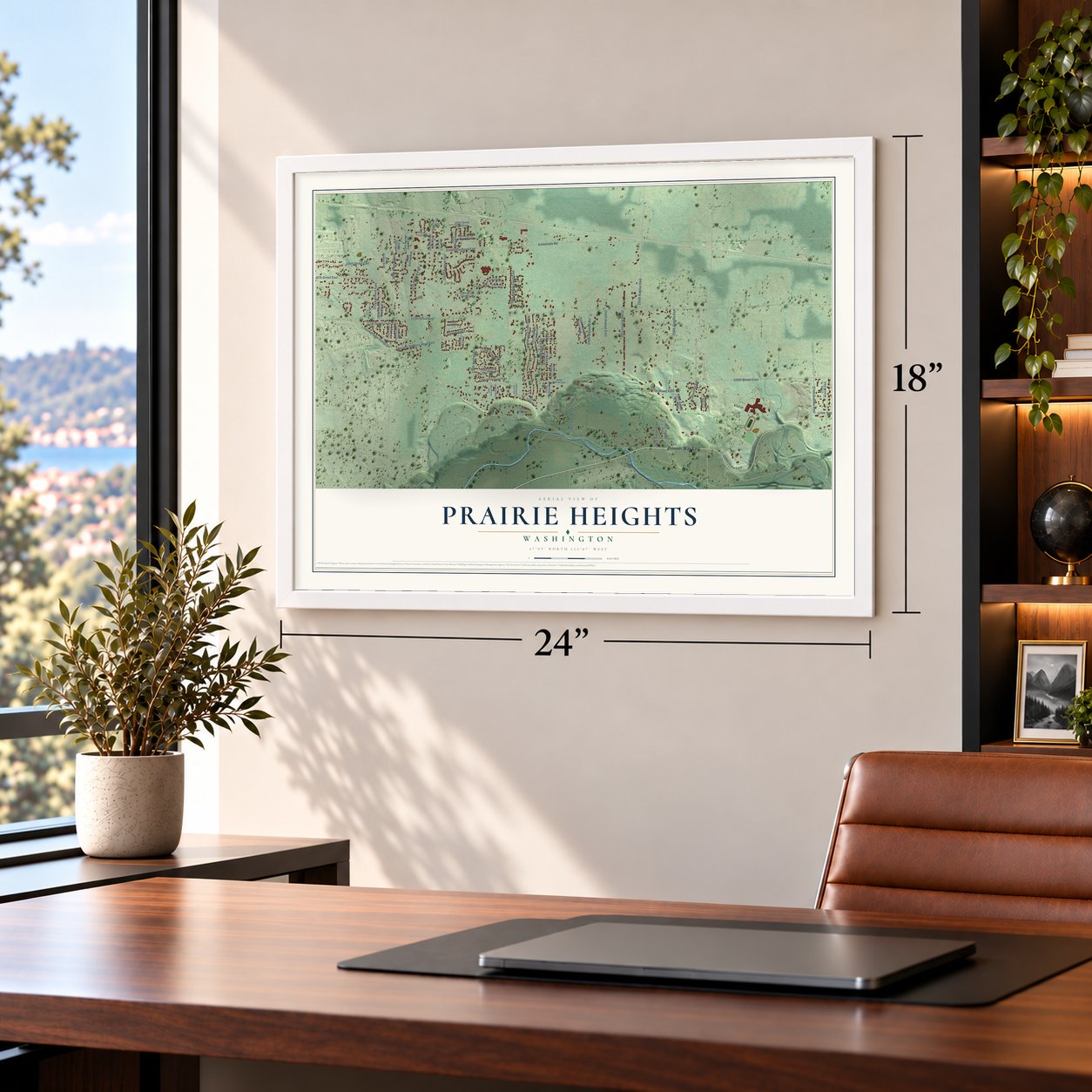 Prairie Heights, Washington map, 18 x 24 inch print in a white frame in a home office