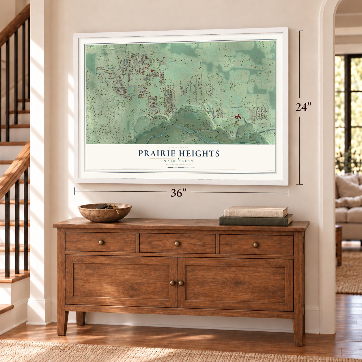 Prairie Heights, Washington map, 24 x 36 inch print in a white frame above a dresser by a staircase