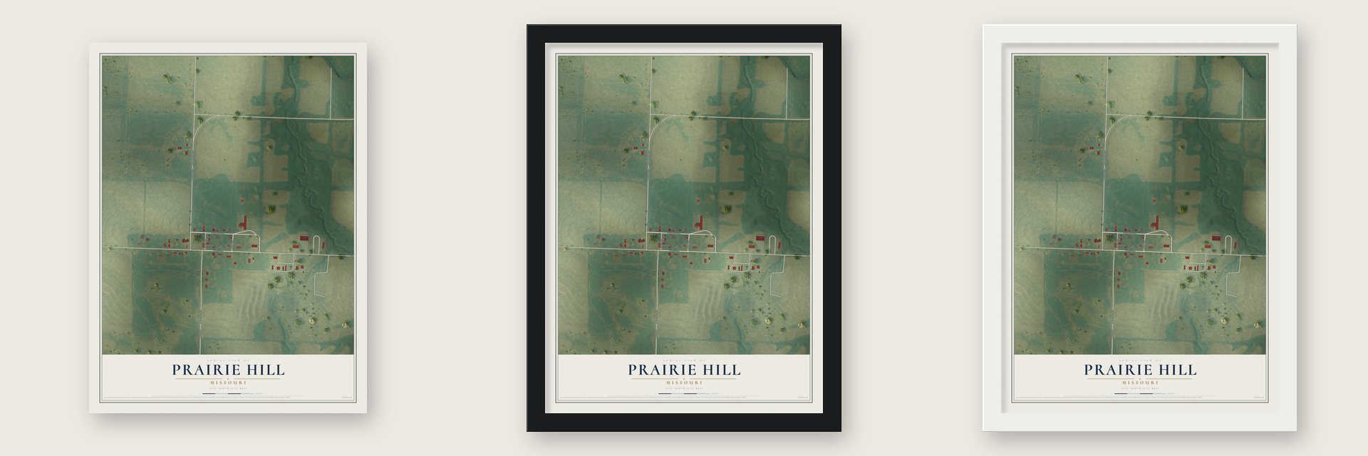 Prairie Hill, Missouri map unframed, in a black wood frame and in a white wood frame