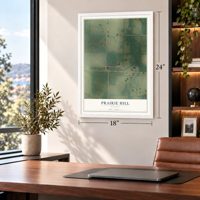 Prairie Hill, Missouri map, 18 x 24 inch print in a white frame in a home office