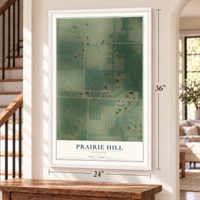 Prairie Hill, Missouri map, 24 x 36 inch print in a white frame by a staircase