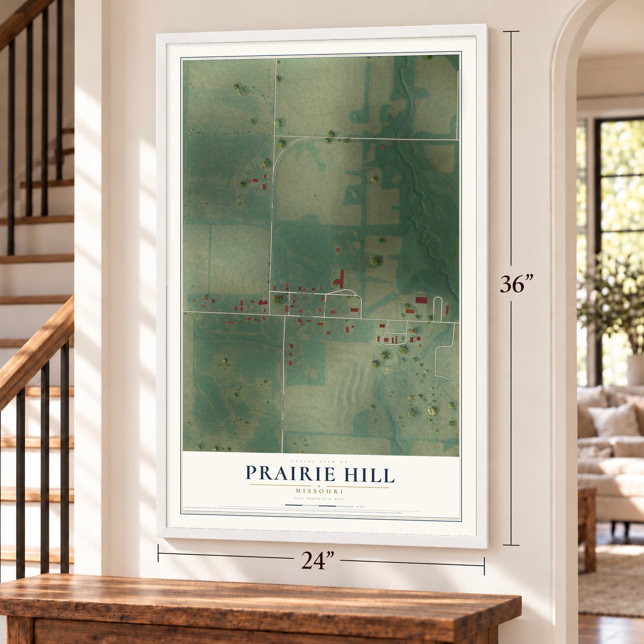 Prairie Hill, Missouri map, 24 x 36 inch print in a white frame by a staircase