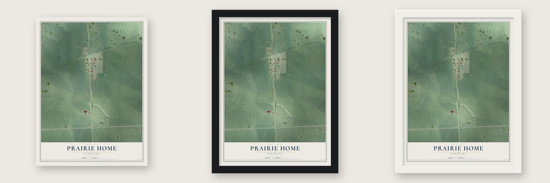 Prairie Home, Nebraska map unframed, in a black wood frame and in a white wood frame