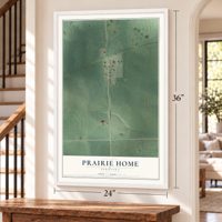 Prairie Home, Nebraska map, 24 x 36 inch print in a white frame by a staircase