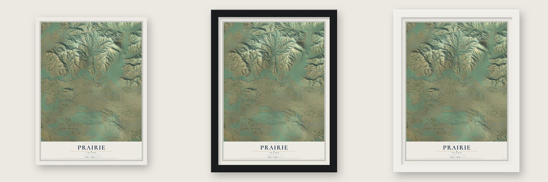 Prairie, Idaho map unframed, in a black wood frame and in a white wood frame