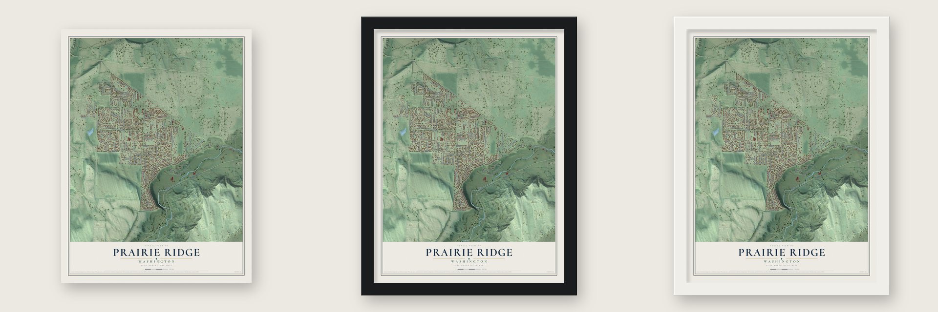 Prairie Ridge, Washington map unframed, in a black wood frame and in a white wood frame