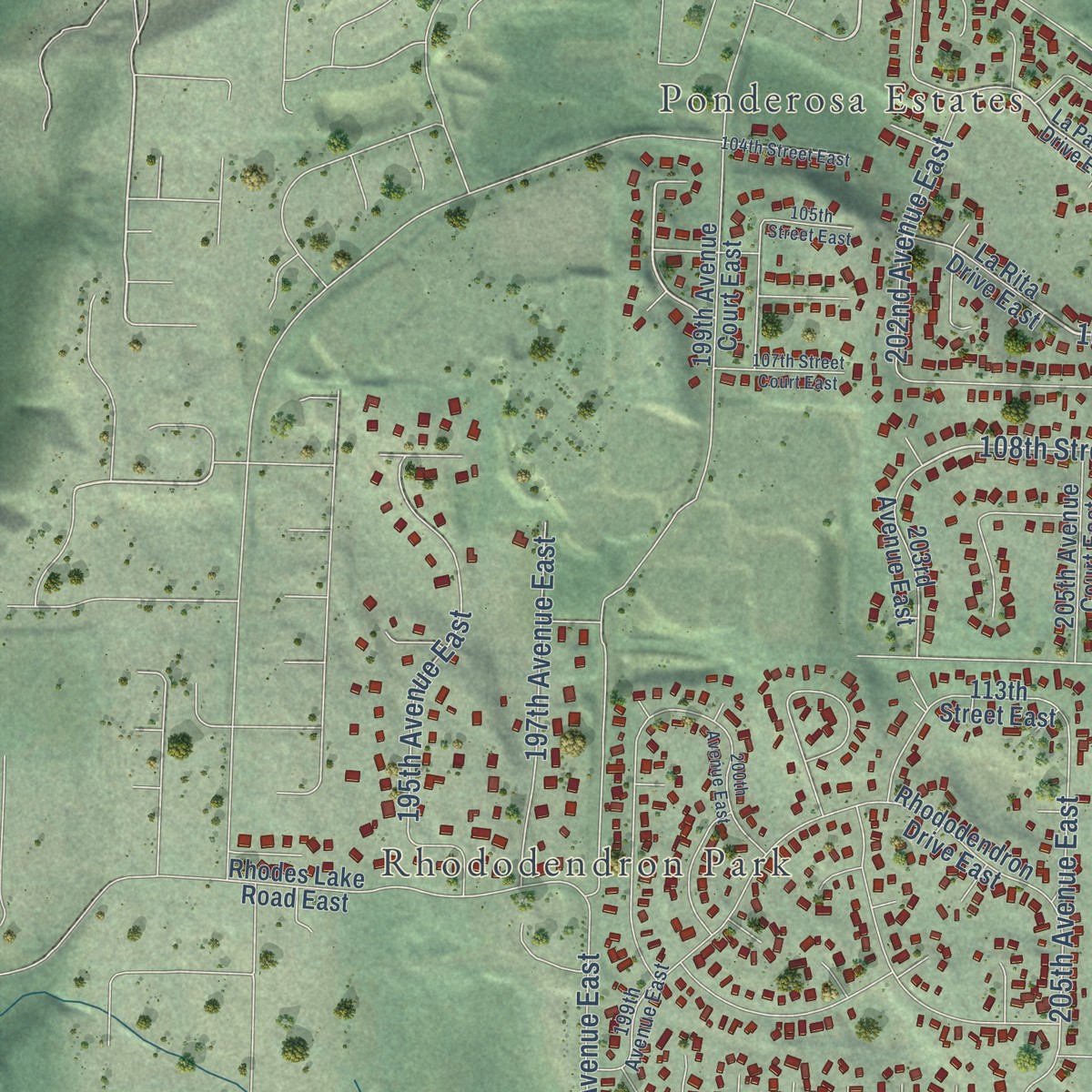 Second close-up of the map of Prairie Ridge, Washington print showing more streets and buildings