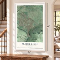 Prairie Ridge, Washington map, 24 x 36 inch print in a white frame by a staircase