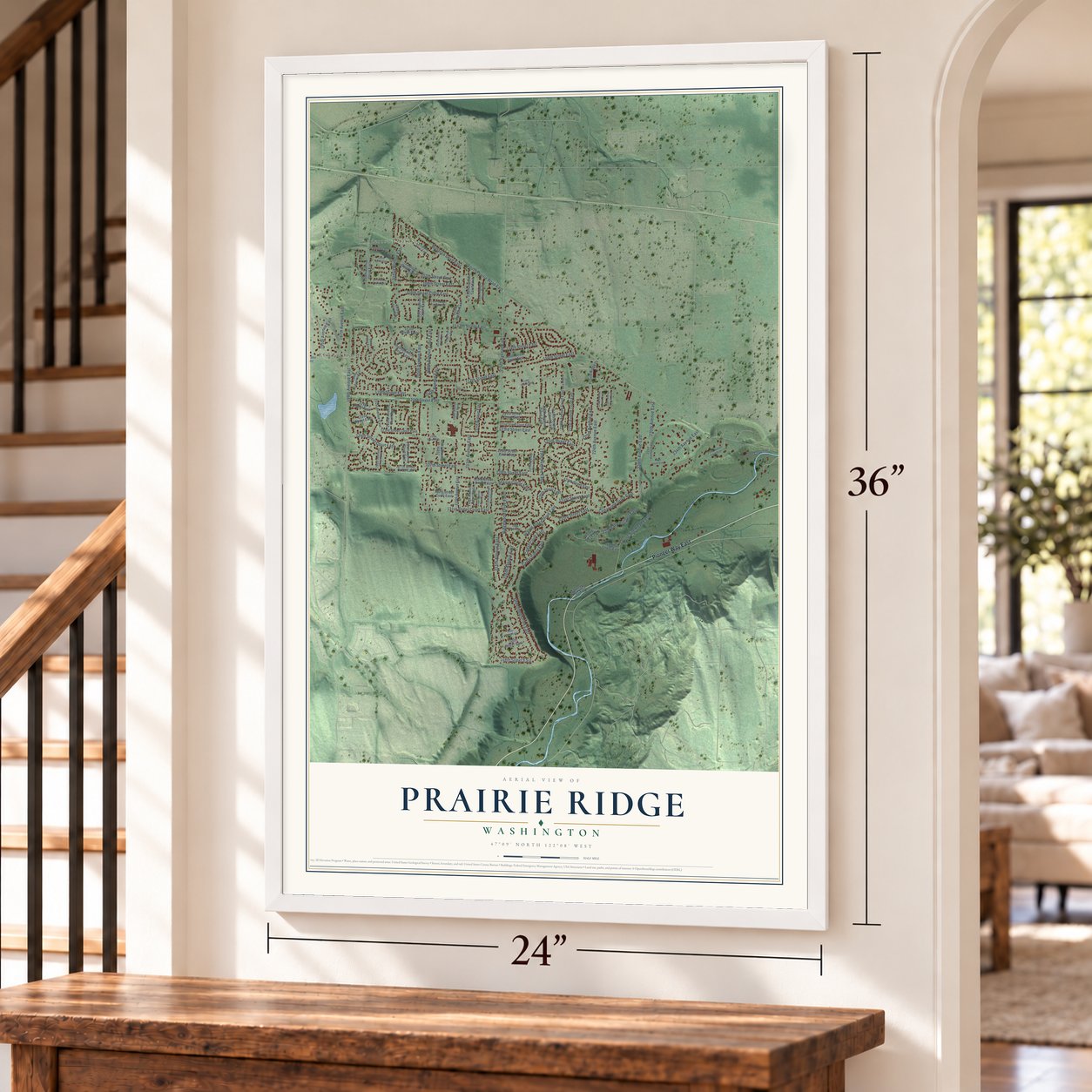Prairie Ridge, Washington map, 24 x 36 inch print in a white frame by a staircase