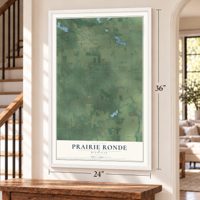 Prairie Ronde, Michigan map, 24 x 36 inch print in a white frame by a staircase