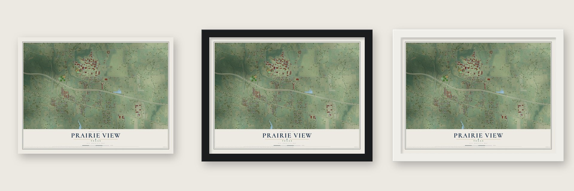 Prairie View, Texas map unframed, in a black wood frame and in a white wood frame
