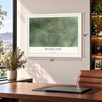 Prairie View, Texas map, 18 x 24 inch print in a white frame in a home office
