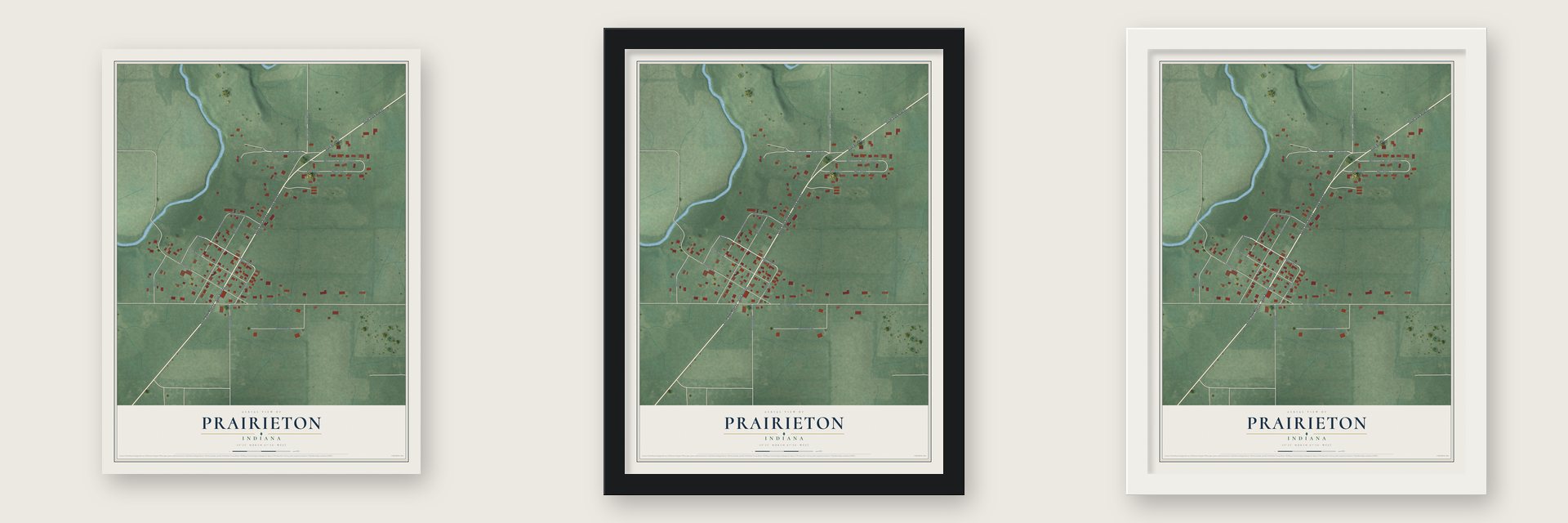 Prairieton, Indiana map unframed, in a black wood frame and in a white wood frame