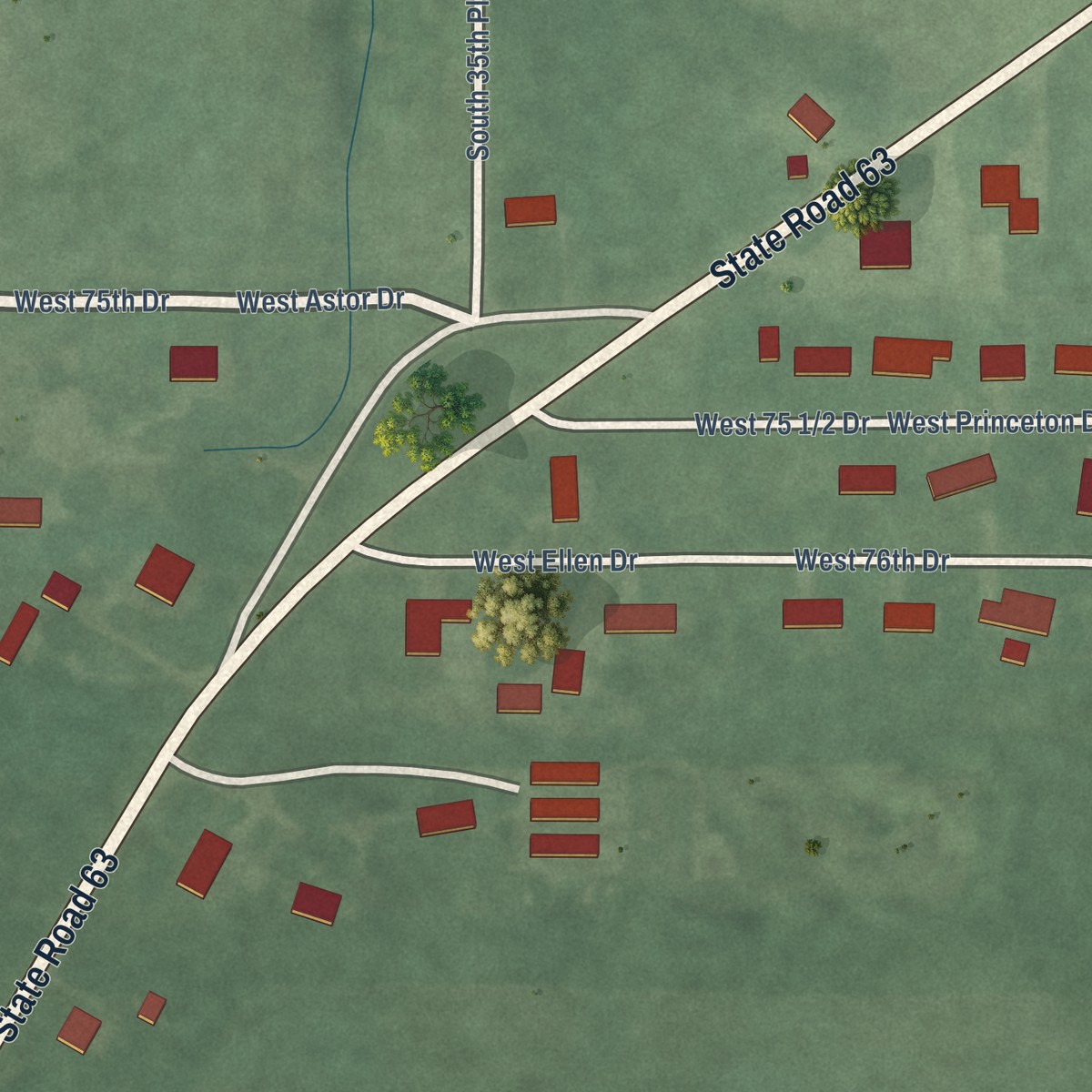 Second close-up of the map of Prairieton, Indiana print showing more streets and buildings