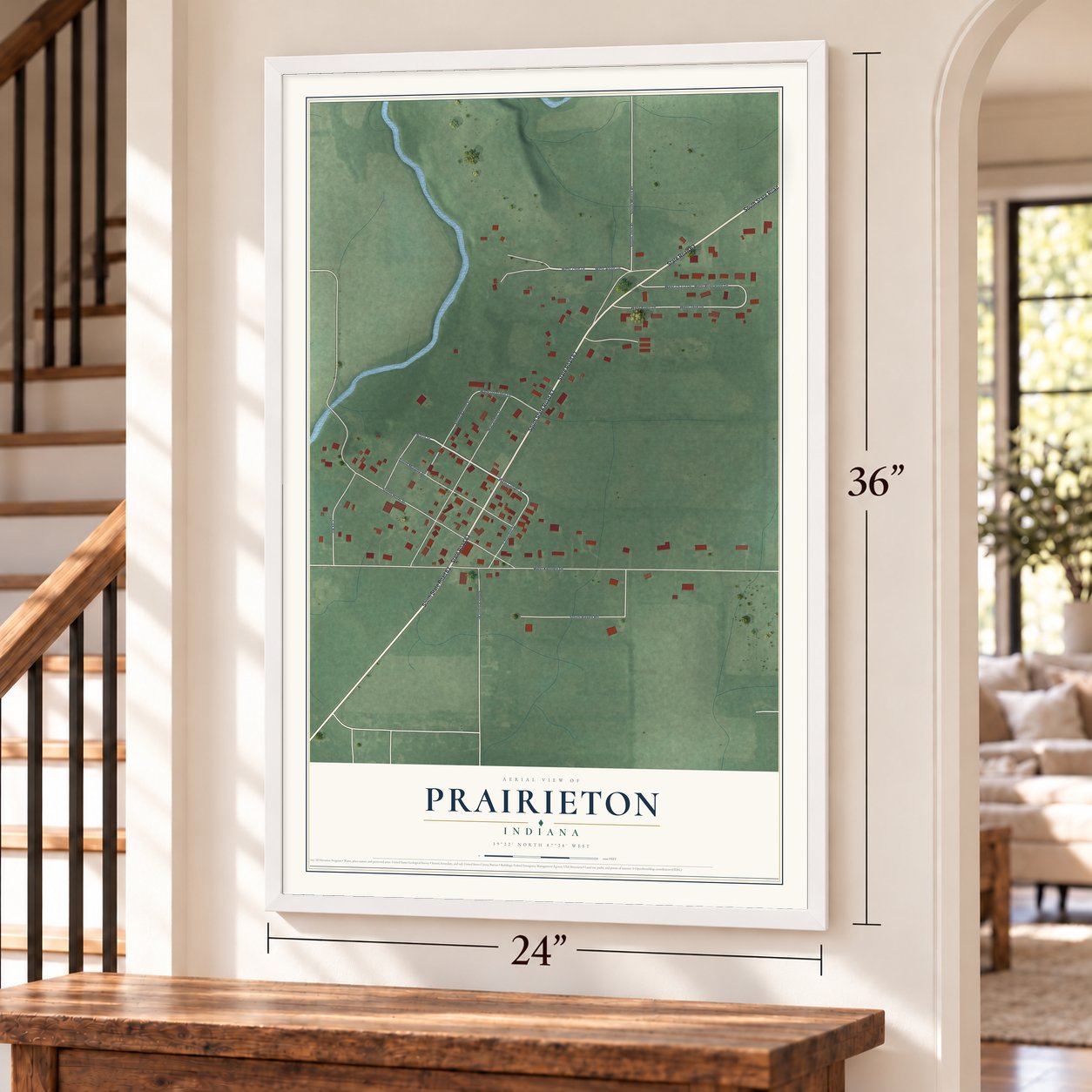 Prairieton, Indiana map, 24 x 36 inch print in a white frame by a staircase