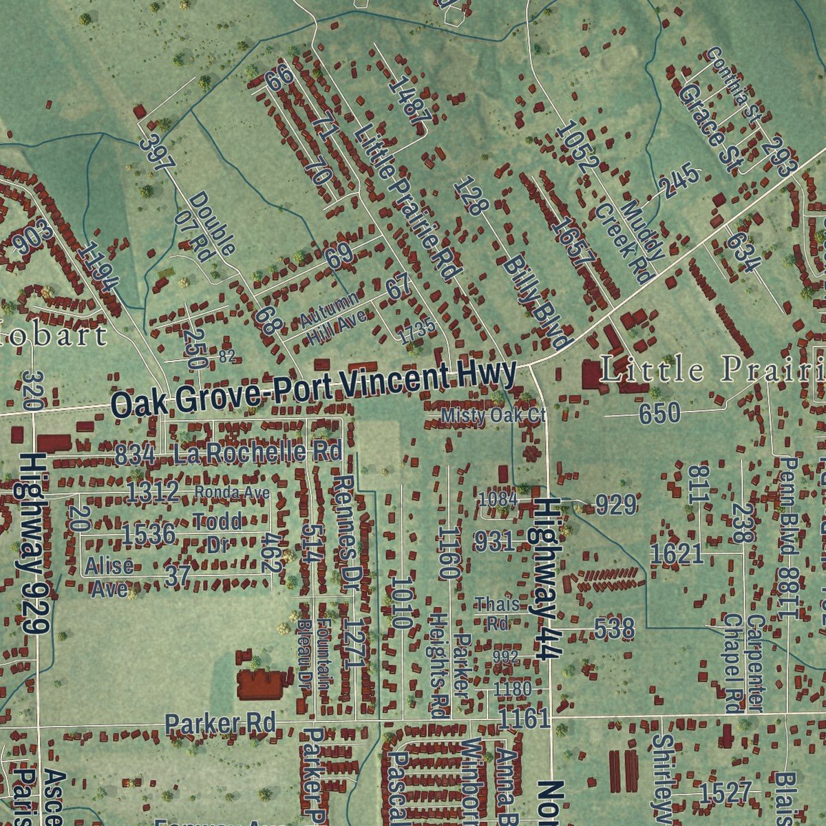 Second close-up of the map of Prairieville, Louisiana print showing more streets and buildings