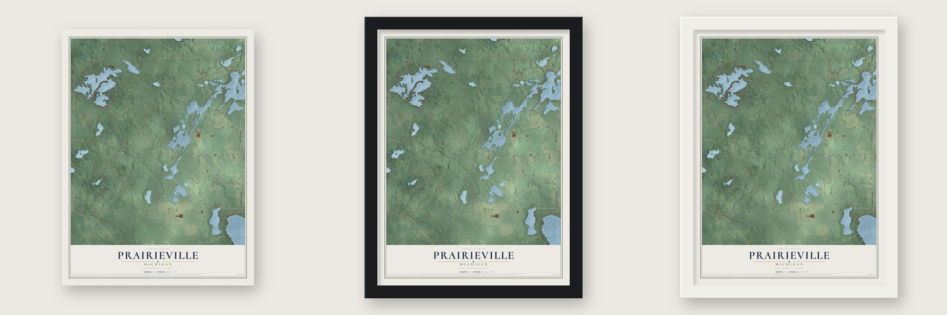 Prairieville, Michigan map unframed, in a black wood frame and in a white wood frame