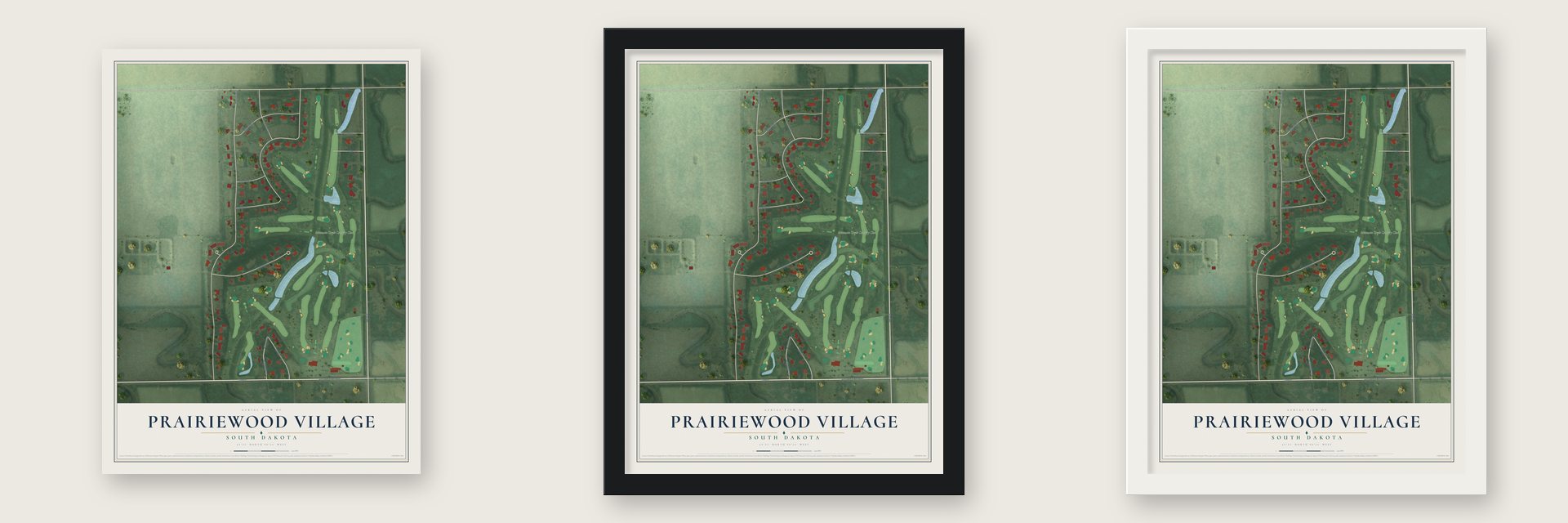 Prairiewood Village, South Dakota map unframed, in a black wood frame and in a white wood frame