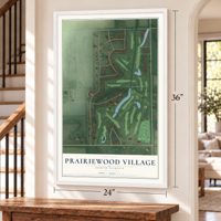 Prairiewood Village, South Dakota map, 24 x 36 inch print in a white frame by a staircase