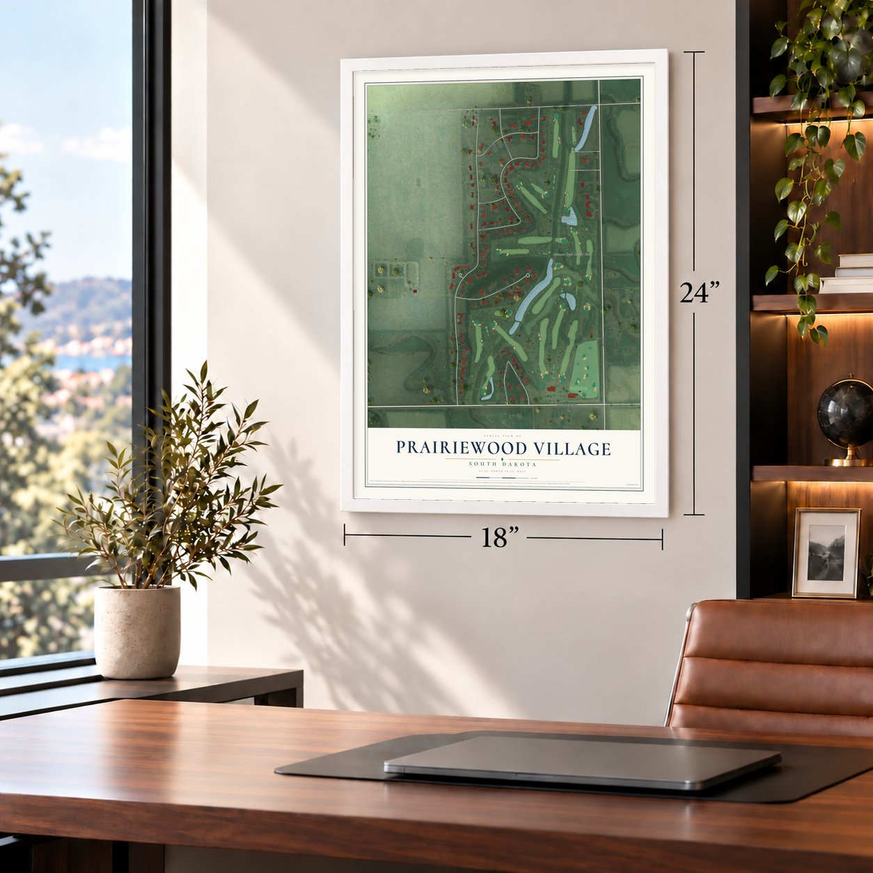 Prairiewood Village, South Dakota map, 18 x 24 inch print in a white frame in a home office