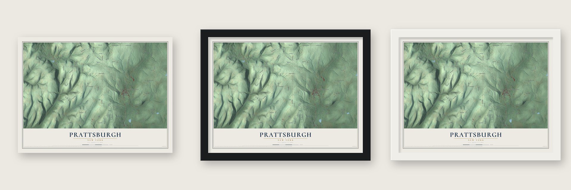 Prattsburgh, New York map unframed, in a black wood frame and in a white wood frame