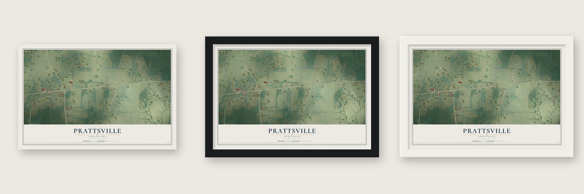 Prattsville, Arkansas map unframed, in a black wood frame and in a white wood frame