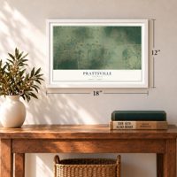 Prattsville, Arkansas map, 12 x 18 inch print in a white frame in an entryway