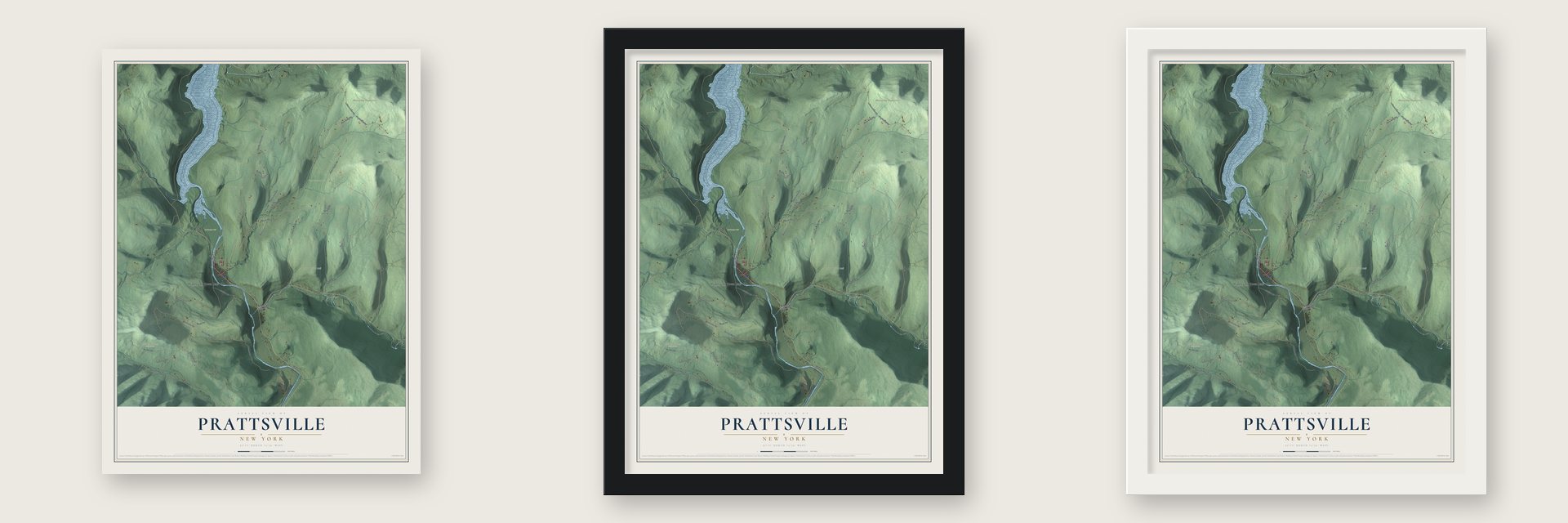 Prattsville, New York map unframed, in a black wood frame and in a white wood frame