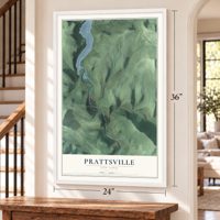 Prattsville, New York map, 24 x 36 inch print in a white frame by a staircase