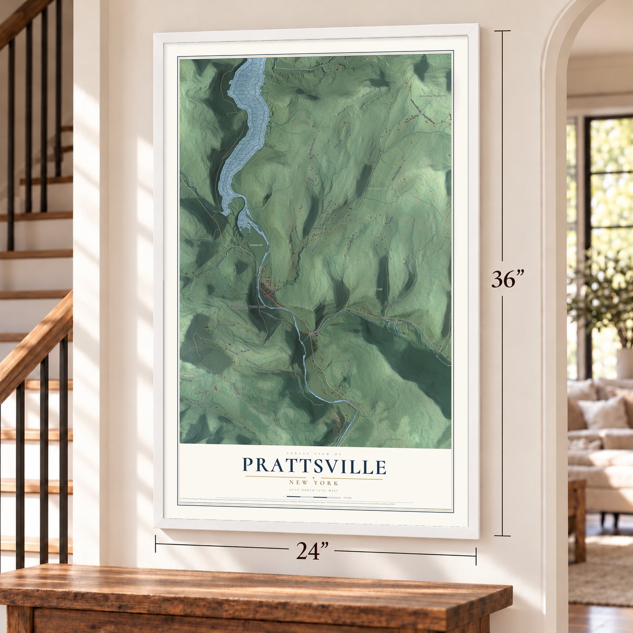 Prattsville, New York map, 24 x 36 inch print in a white frame by a staircase