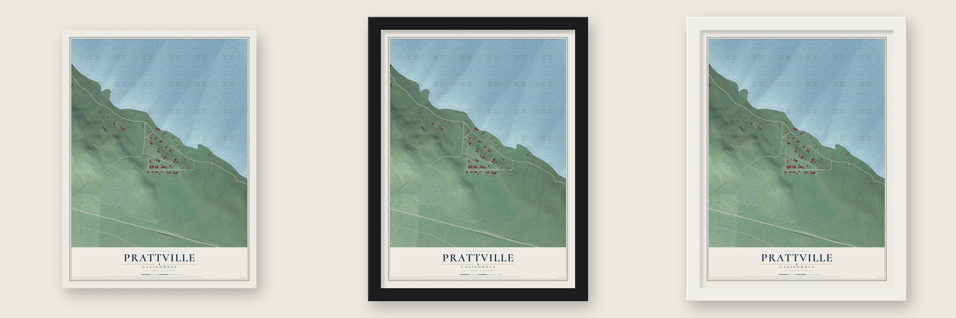Prattville, California map unframed, in a black wood frame and in a white wood frame