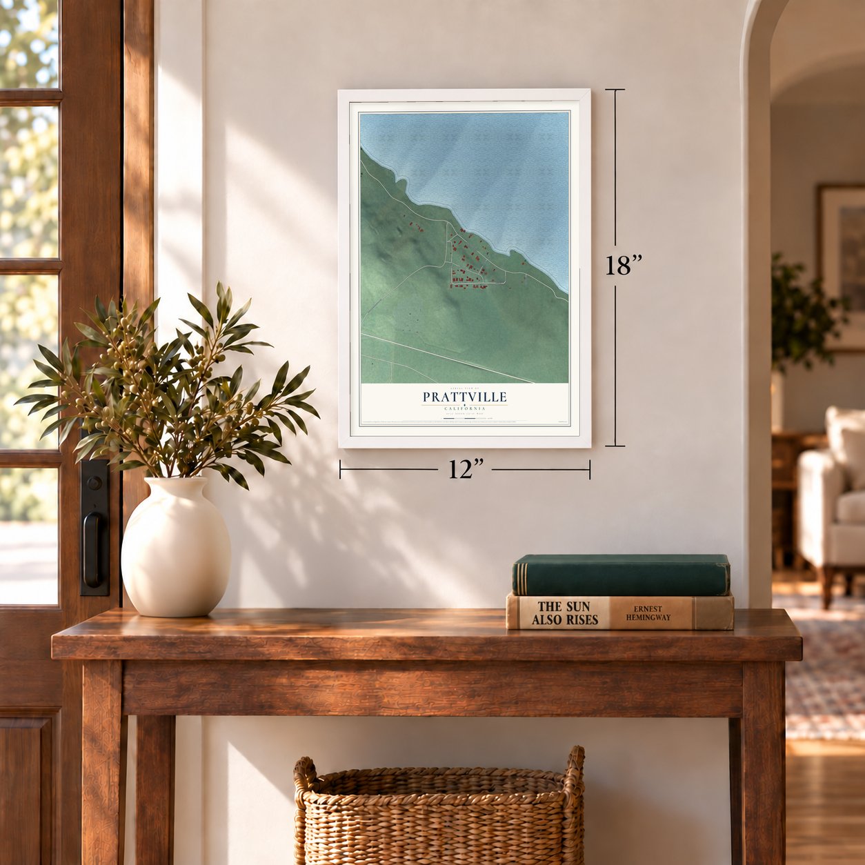 Prattville, California map, 12 x 18 inch print in a white frame in an entryway