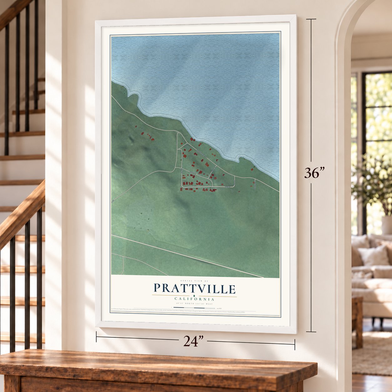 Prattville, California map, 24 x 36 inch print in a white frame by a staircase