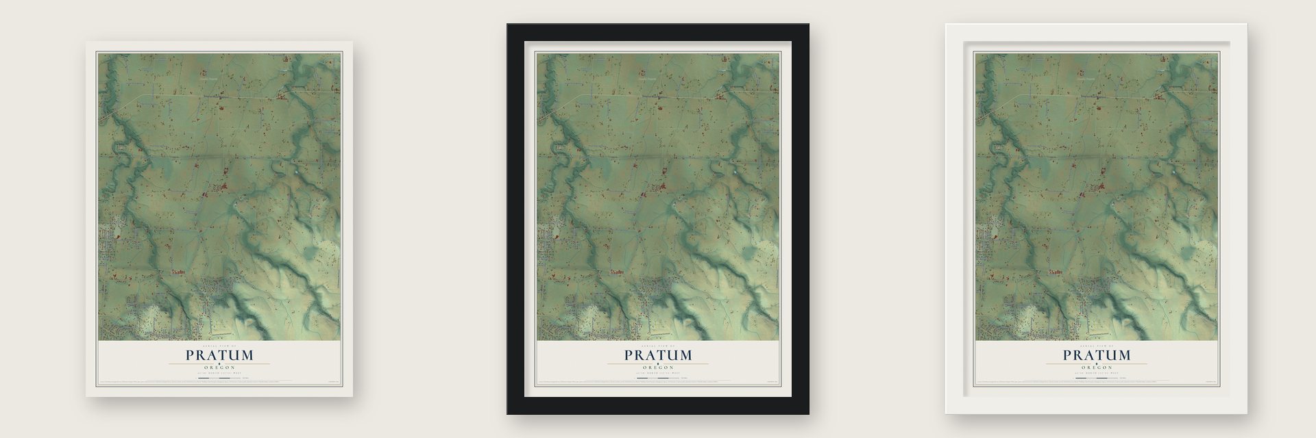 Pratum, Oregon map unframed, in a black wood frame and in a white wood frame