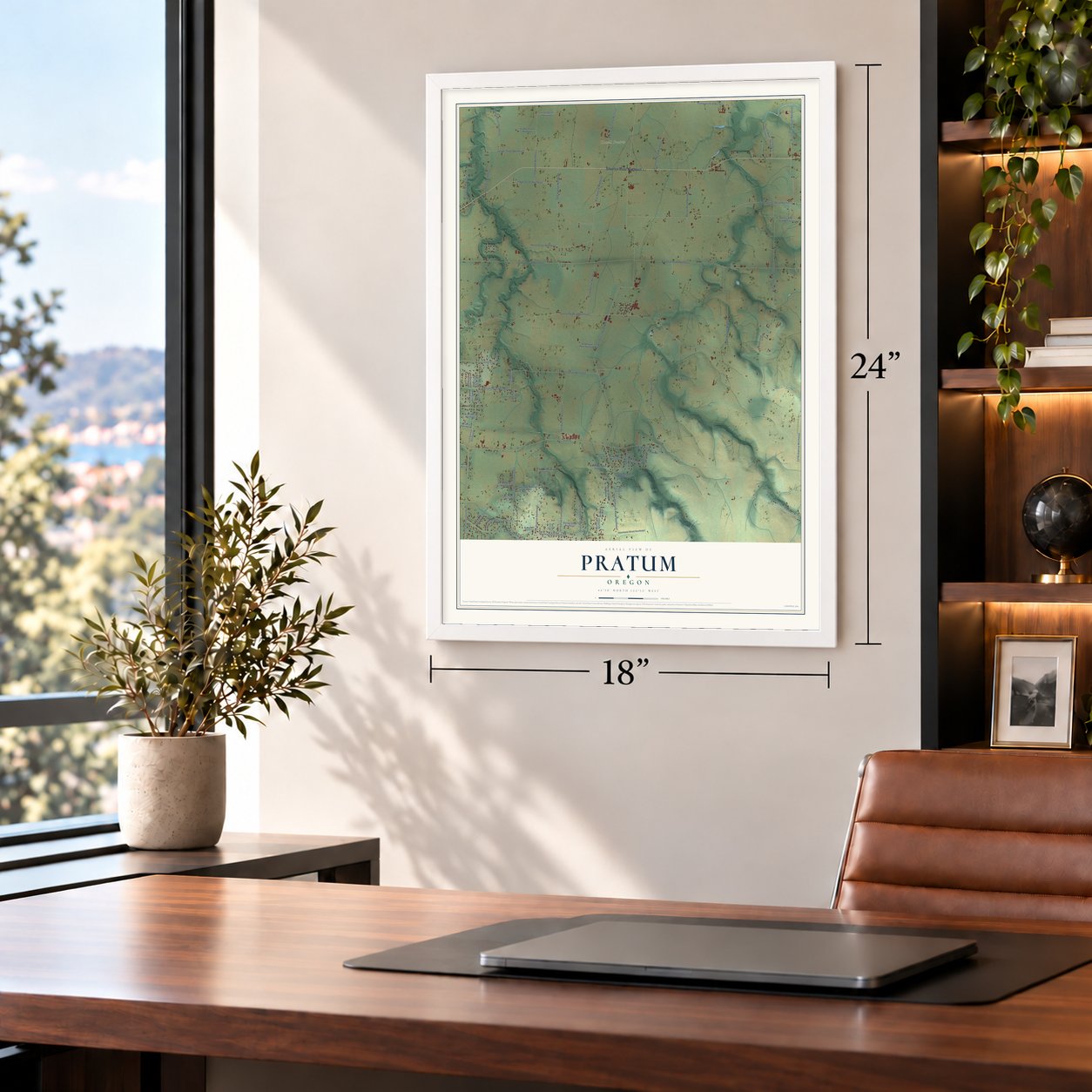 Pratum, Oregon map, 18 x 24 inch print in a white frame in a home office