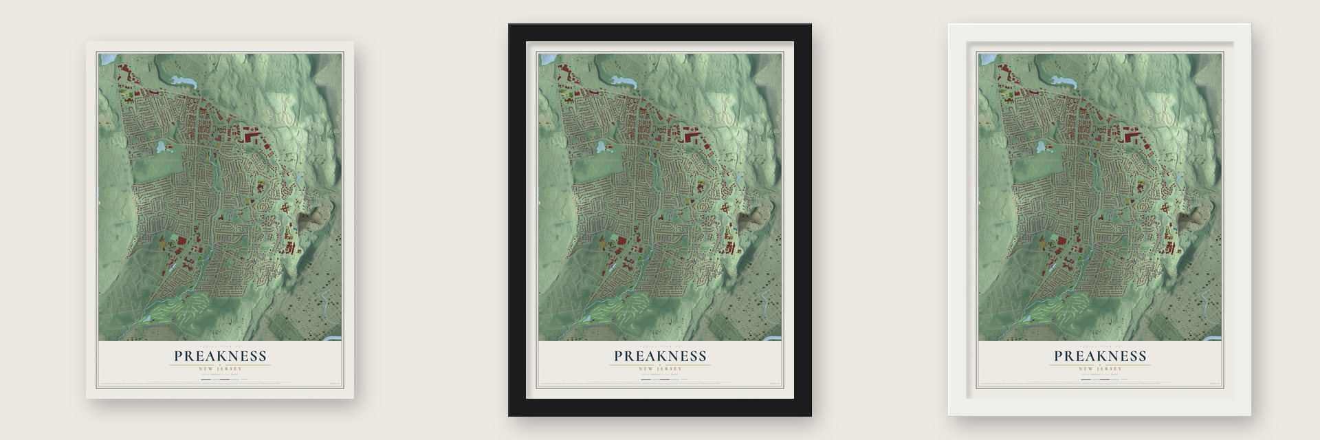 Preakness, New Jersey map unframed, in a black wood frame and in a white wood frame