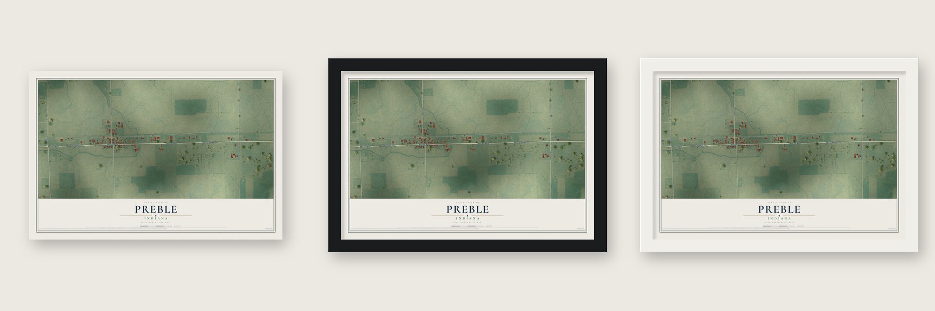 Preble, Indiana map unframed, in a black wood frame and in a white wood frame