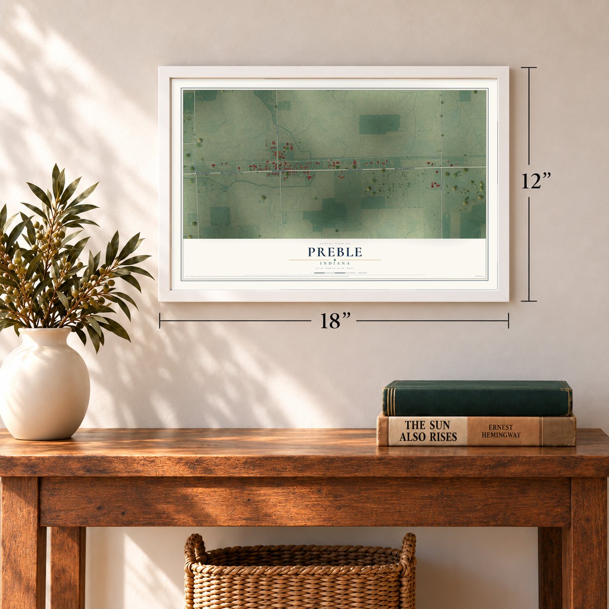 Preble, Indiana map, 12 x 18 inch print in a white frame in an entryway