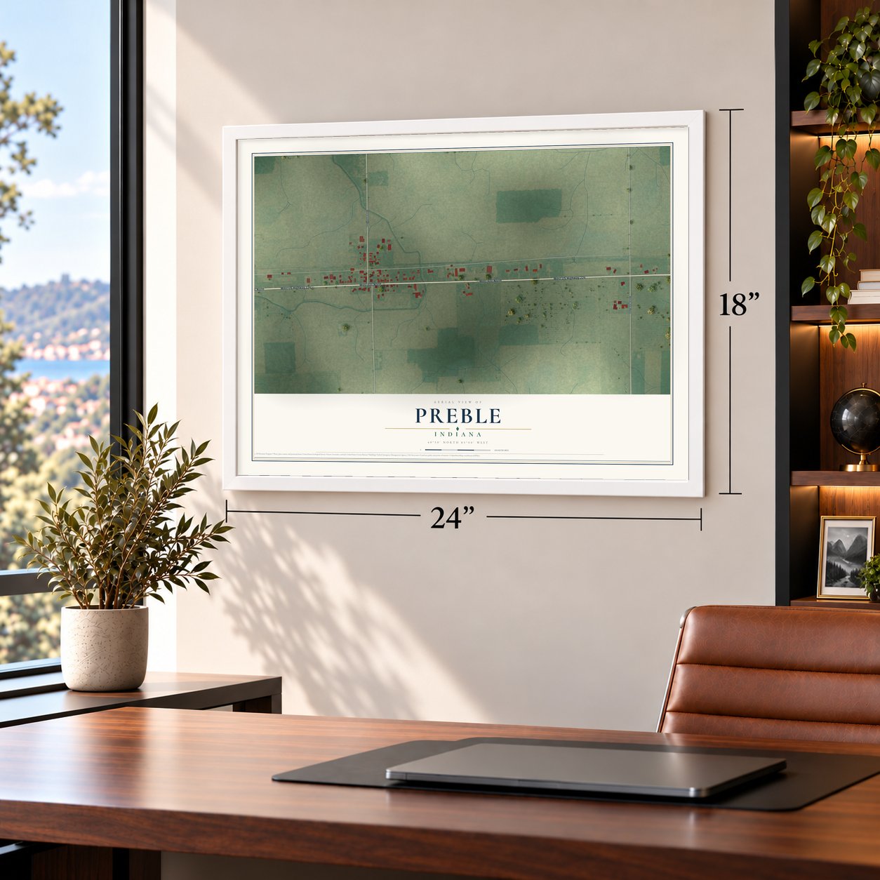 Preble, Indiana map, 18 x 24 inch print in a white frame in a home office