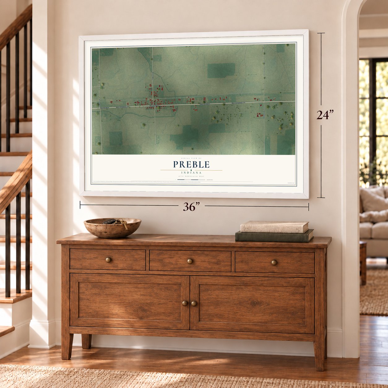 Preble, Indiana map, 24 x 36 inch print in a white frame above a dresser by a staircase
