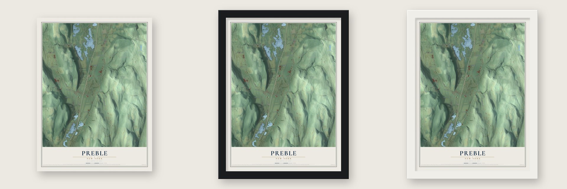 Preble, New York map unframed, in a black wood frame and in a white wood frame