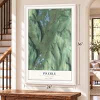 Preble, New York map, 24 x 36 inch print in a white frame by a staircase