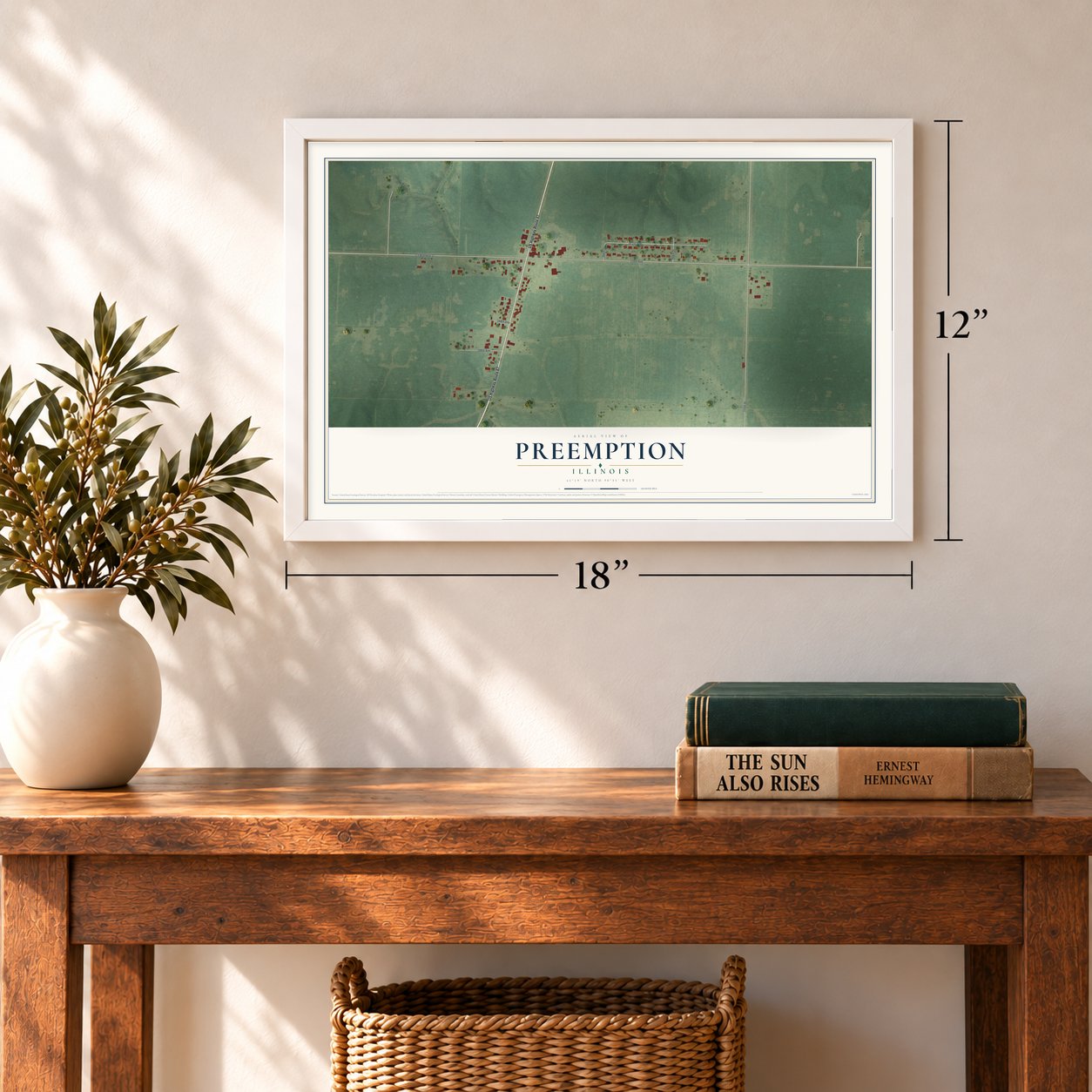 Preemption, Illinois map, 12 x 18 inch print in a white frame in an entryway