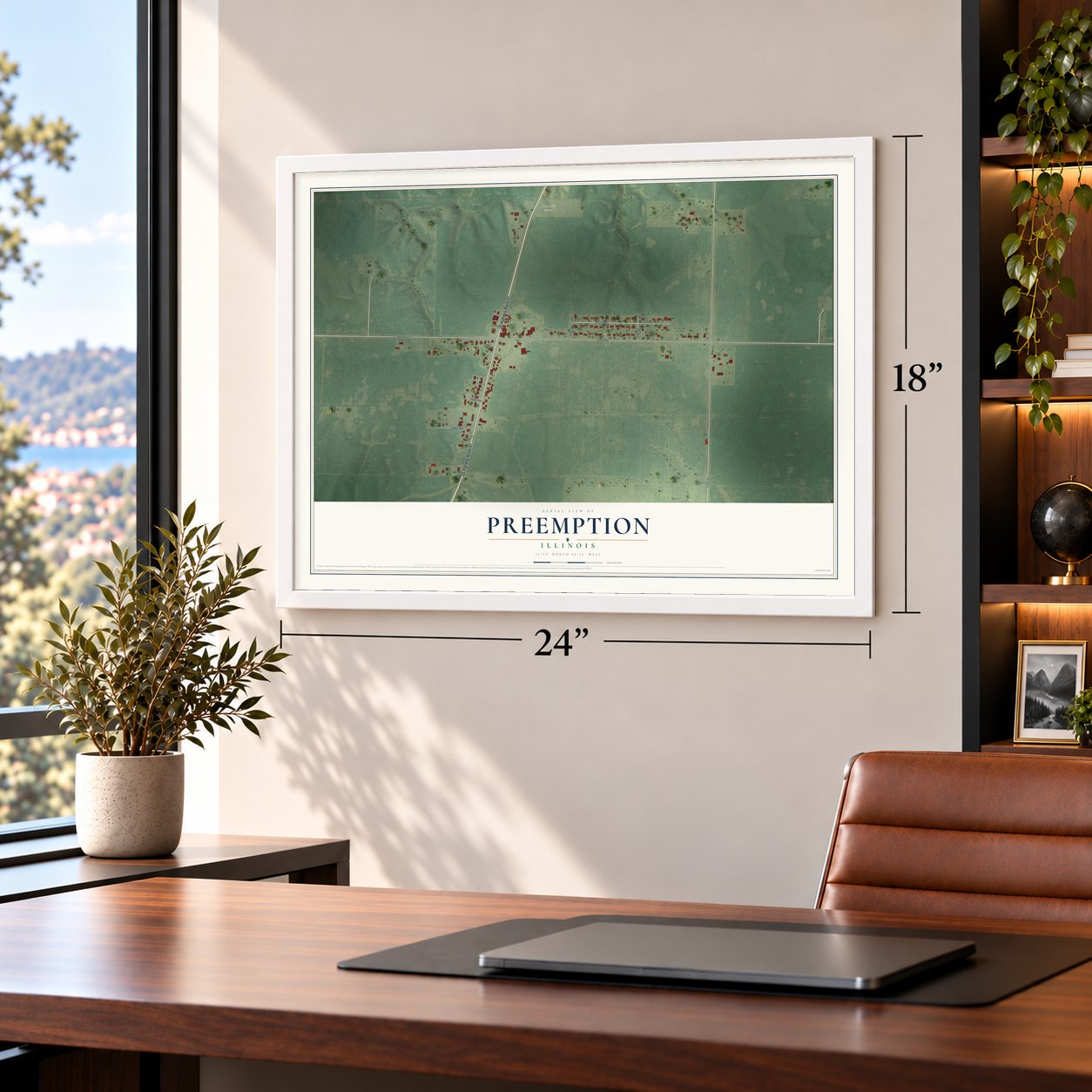 Preemption, Illinois map, 18 x 24 inch print in a white frame in a home office