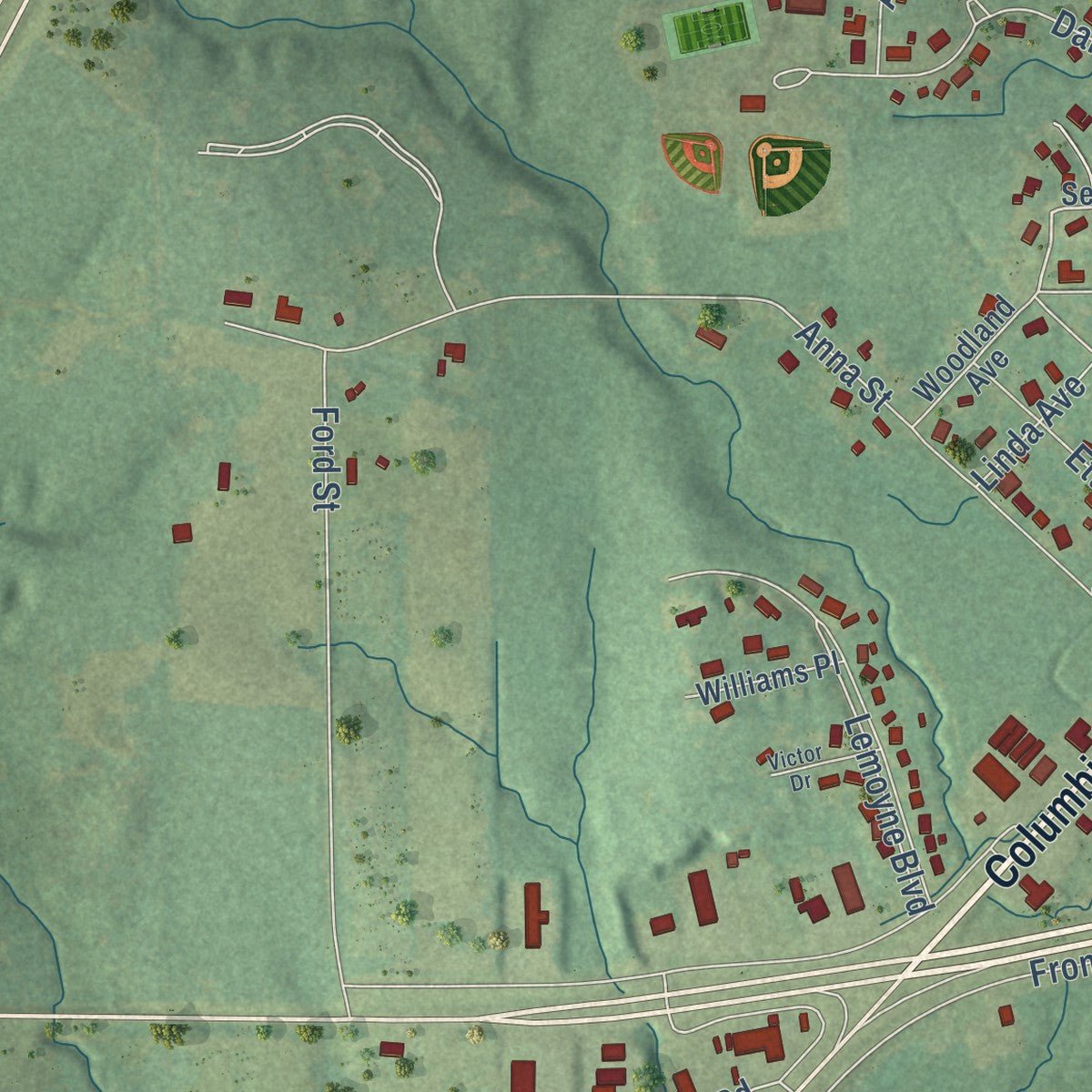 Second close-up of the map of Prentiss, Mississippi print showing more streets and buildings
